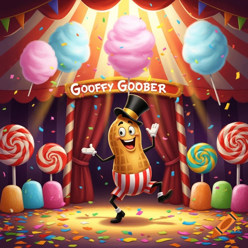 A cartoon peanut character in a top hat and striped shorts dances on a stage under a "Goofy Goober" sign, surrounded by colorful cotton candy and lollipops.