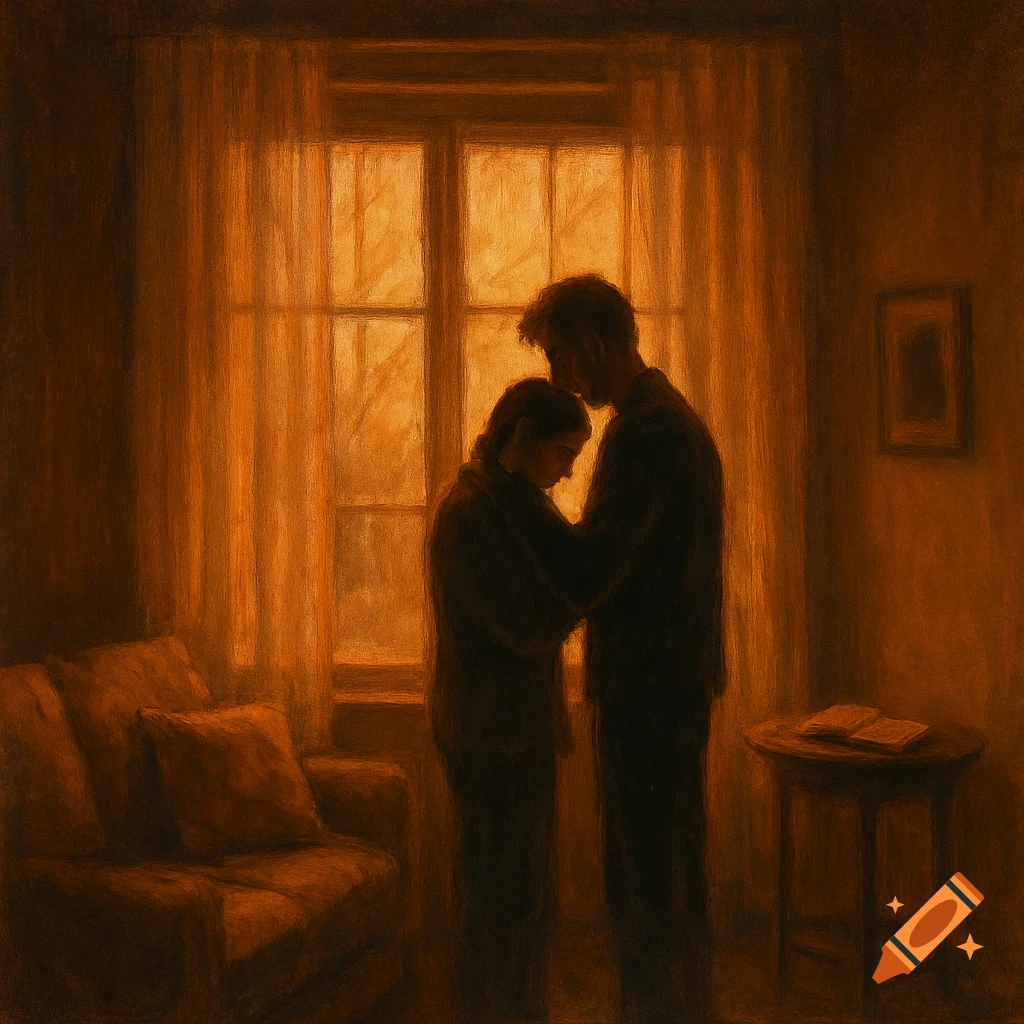 A muted, painterly image of a person comforting another by embracing them, standing by a sunlit window.