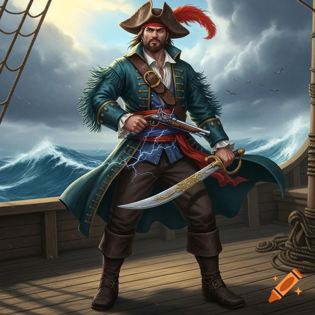 A rugged male pirate in a tricorn hat and blue coat stands on a galleon deck, holding a pistol and a cutlass, with stormy seas and clouds in the background.