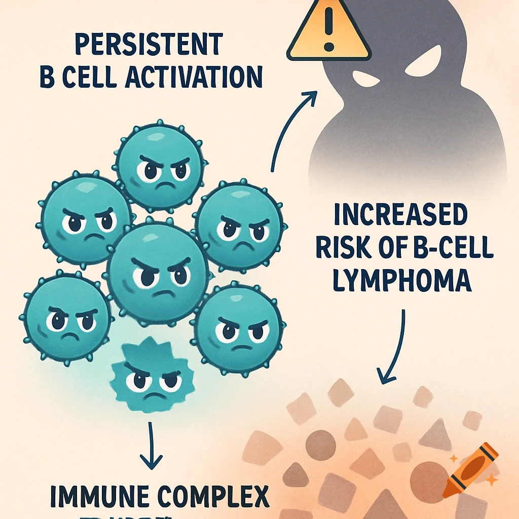Cartoon infographic showing angry B cells, persistent B cell activation, immune complex formation, and increased risk of B-cell lymphoma.