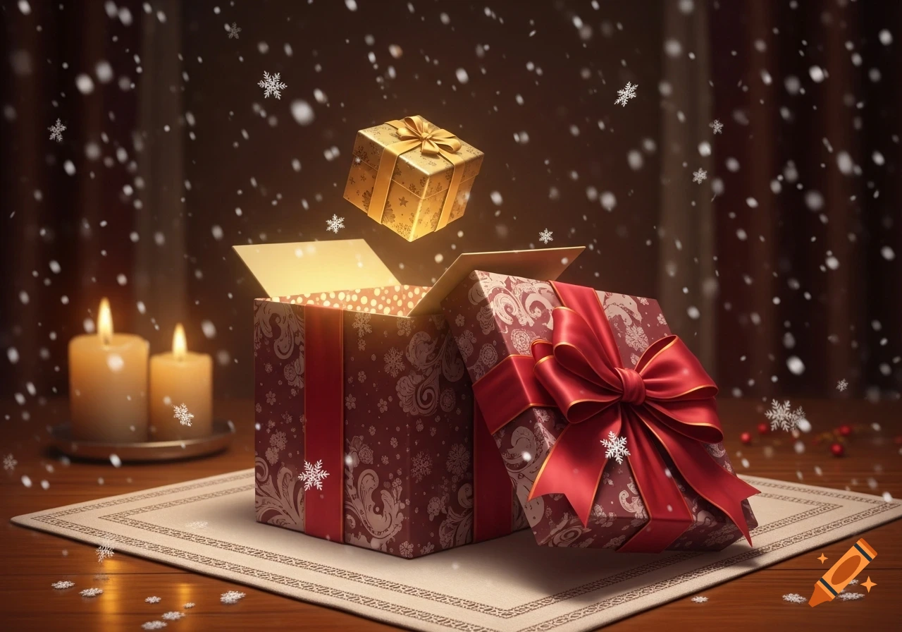 Photorealistic image of a glowing open red gift box with a floating golden present, beside another red gift, on a table with lit candles and falling snowflakes.