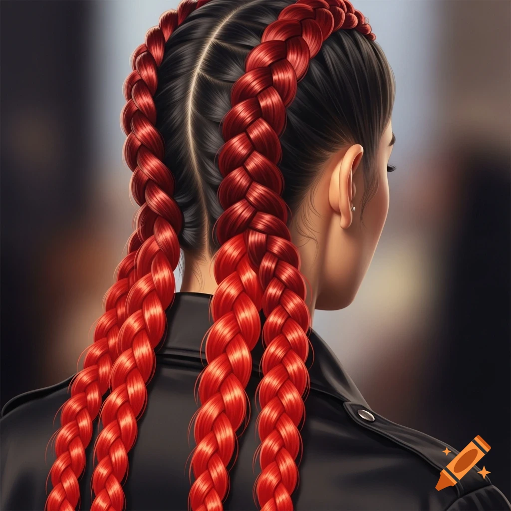 A close-up view from behind of a person with two vibrant red French braids, wearing a black leather jacket. Stylized digital art.