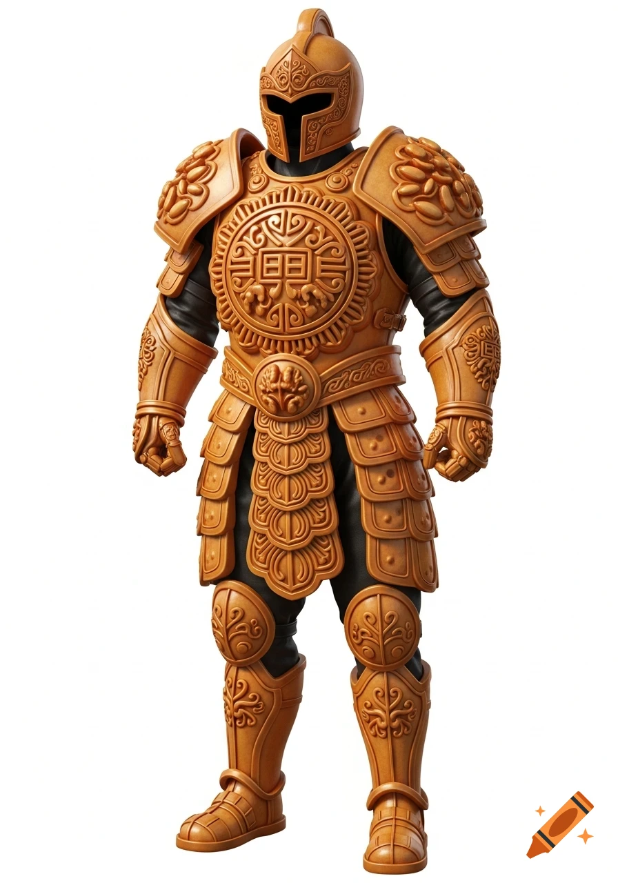 An ornate, caramel-golden full-body armor suit with intricate mooncake-inspired carved totems and a dark undersuit, on a white background, in a detailed, epic fantasy style.