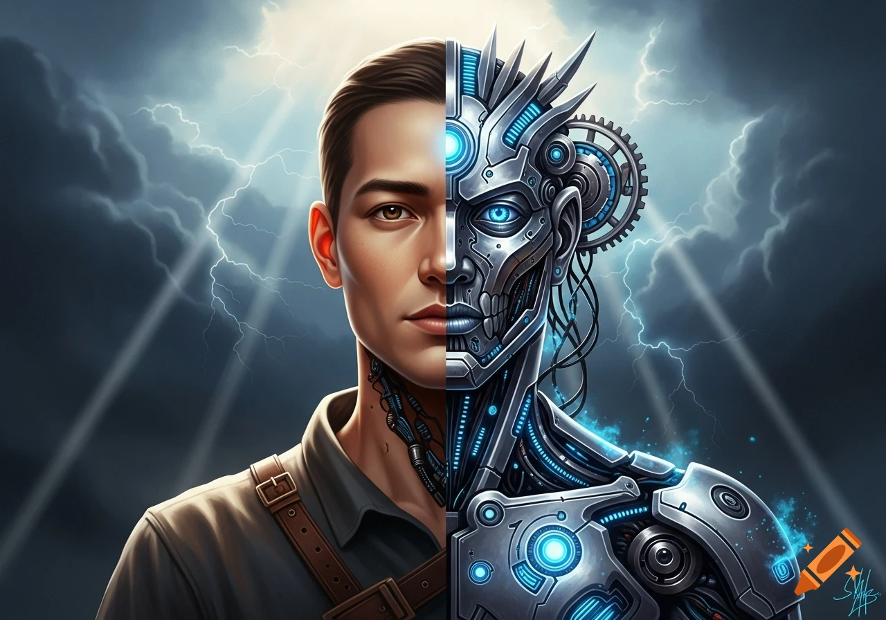 Digital art of a man's face split between a realistic human half and an intricate metallic robot half, set against a stormy, lightning-filled sky.