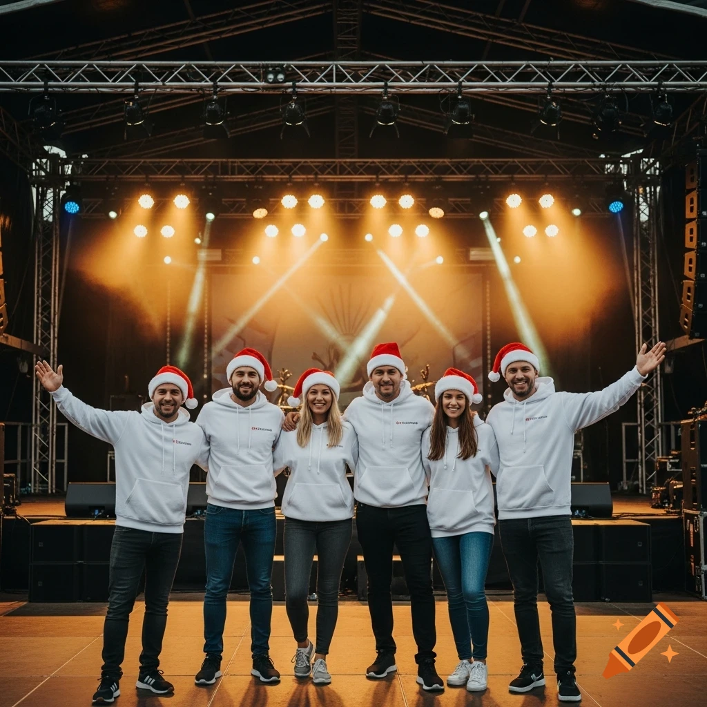 A group of six people, three men and three women, wearing white hoodies and Santa hats, stand smiling on an illuminated outdoor stage.