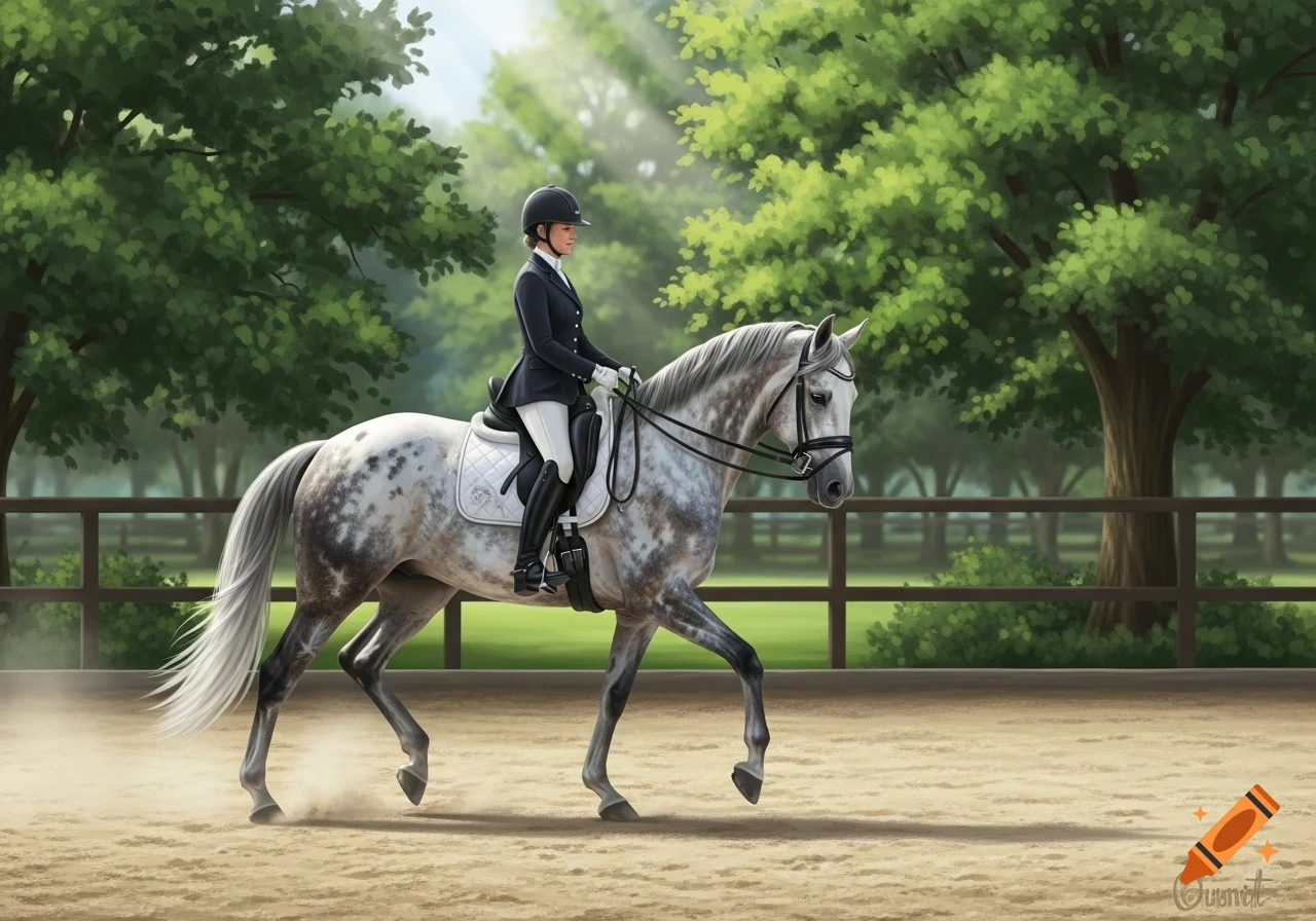 An illustration of a female rider in dressage attire on a dappled grey horse in an outdoor arena with trees.