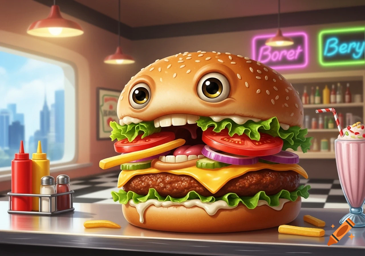 A cartoon hamburger character with large eyes and teeth eats a french fry in a retro diner, with a milkshake nearby.