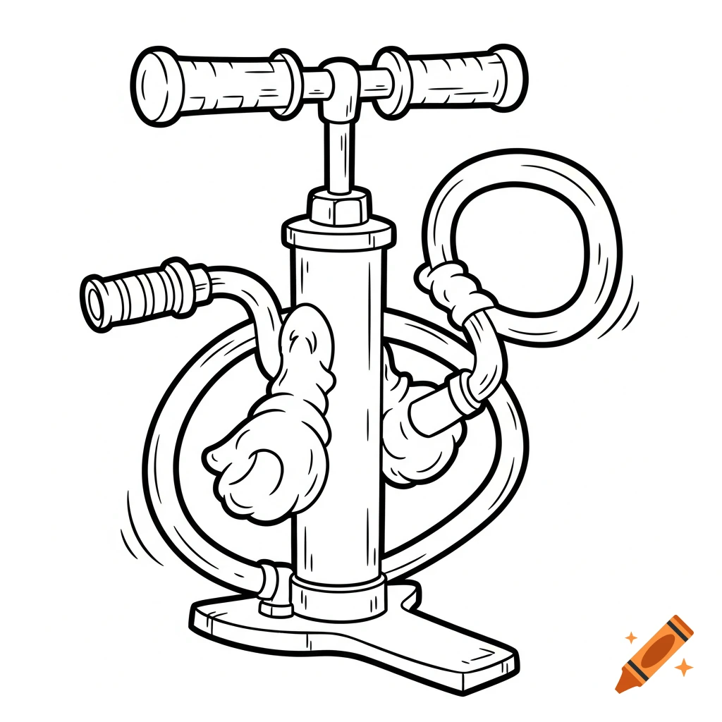 A line art drawing of a vintage bicycle pump in a goofy 50's cartoon style.