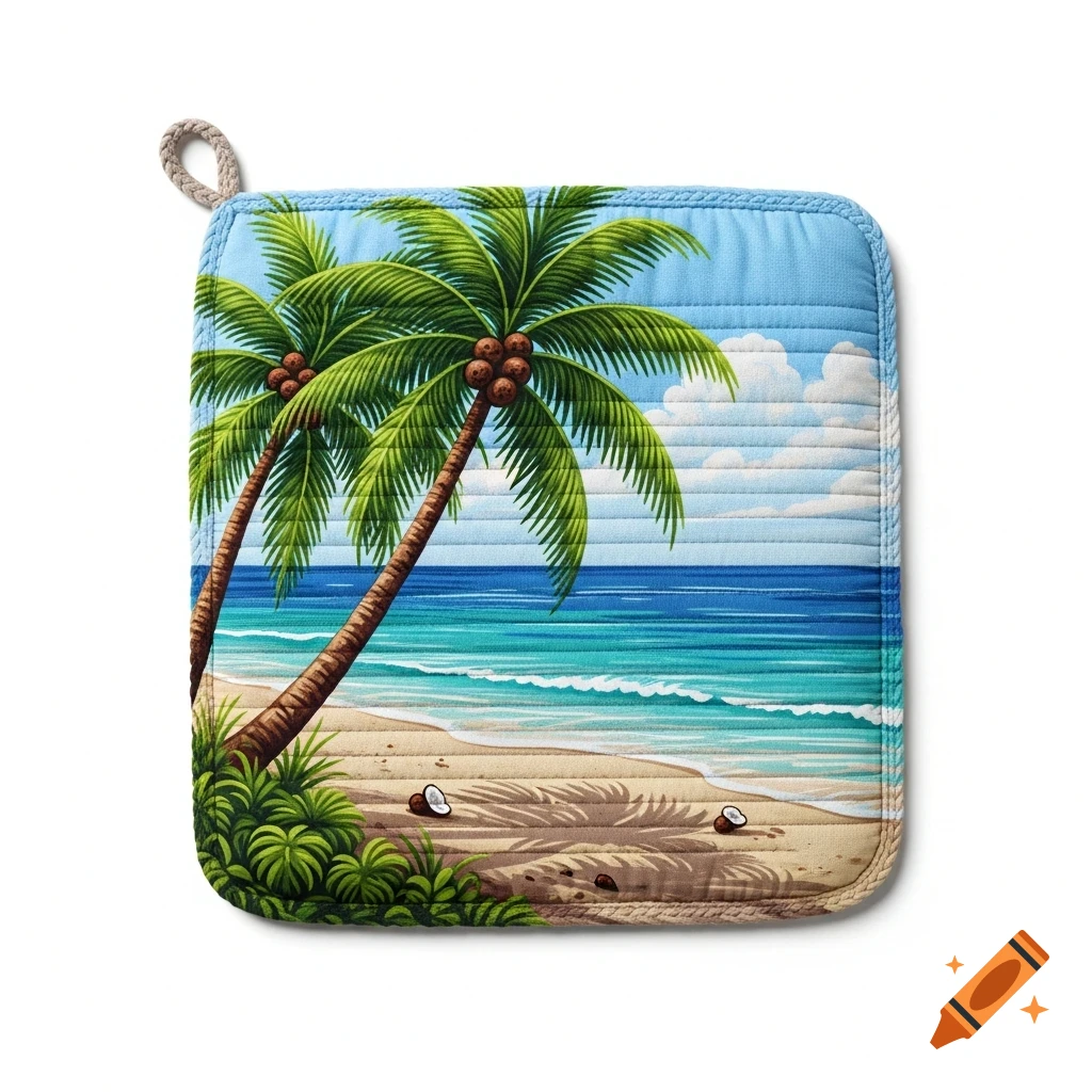 A quilted potholder with a stylized beach scene, featuring two palm trees, coconuts on the sand, and blue ocean waves under a cloudy sky.