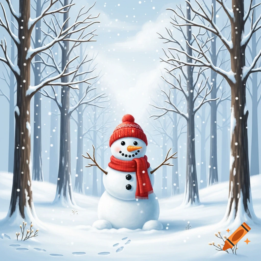 A cheerful snowman wearing a red hat and scarf stands in a snowy forest with bare trees and falling snow.