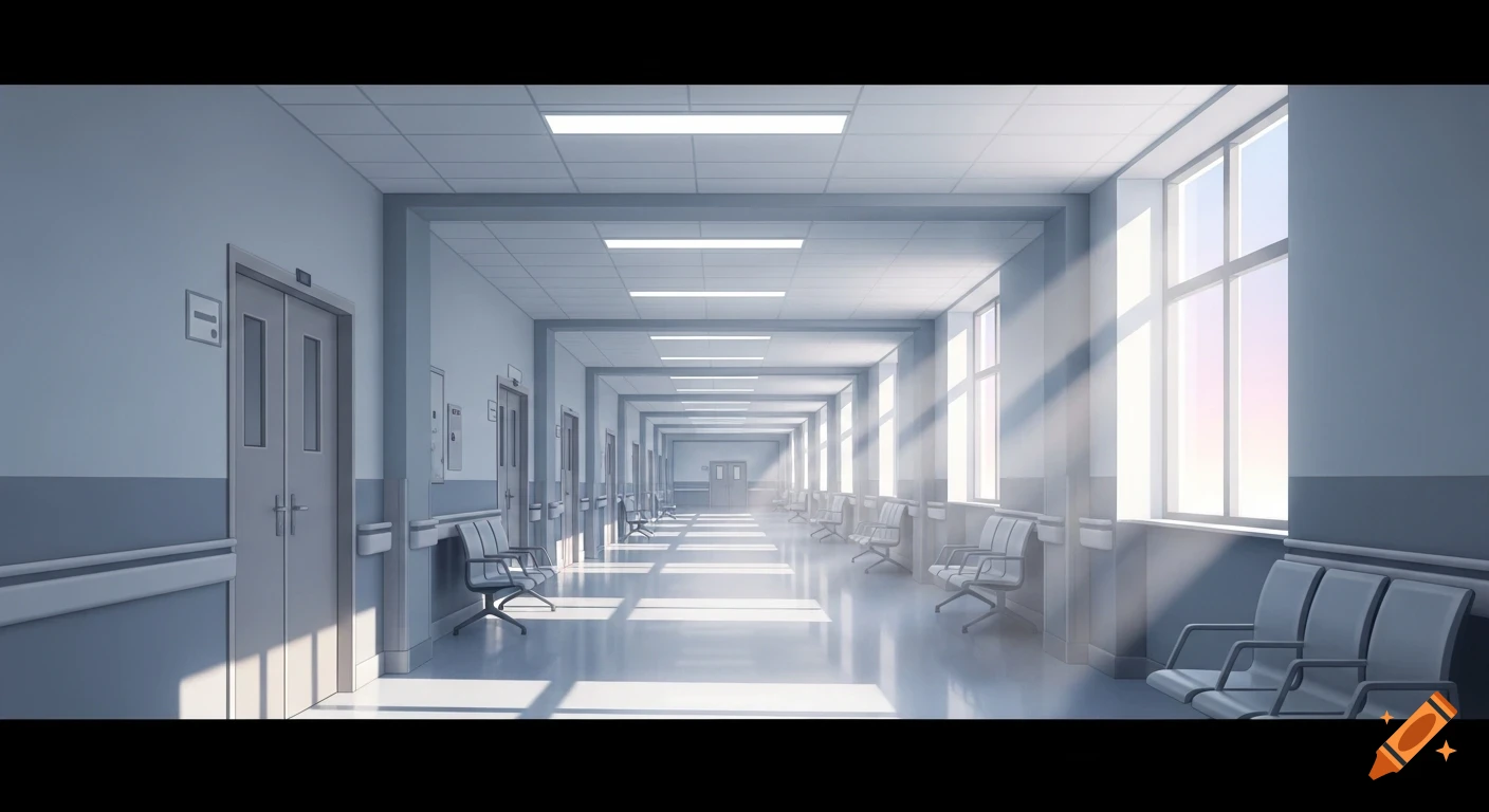 Empty hospital hallway with rows of chairs, lit by morning sunlight streaming through large windows.
