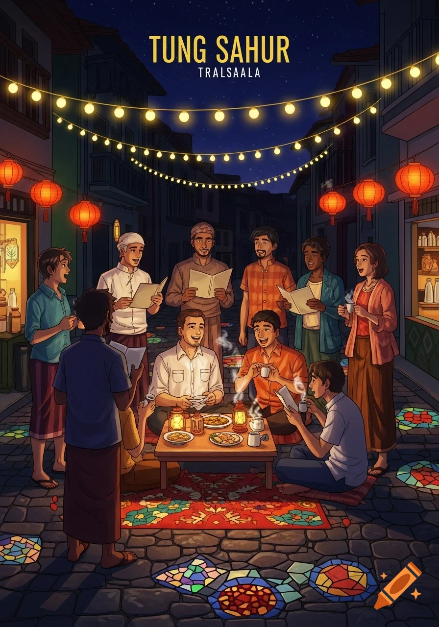Cartoon illustration of a diverse group of people gathering for a festive night meal in a street lit by string lights and lanterns.