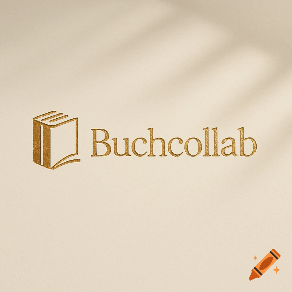 A gold stylized open book icon next to the word "Buchcollab" in gold lettering on a beige background with a subtle shadow.