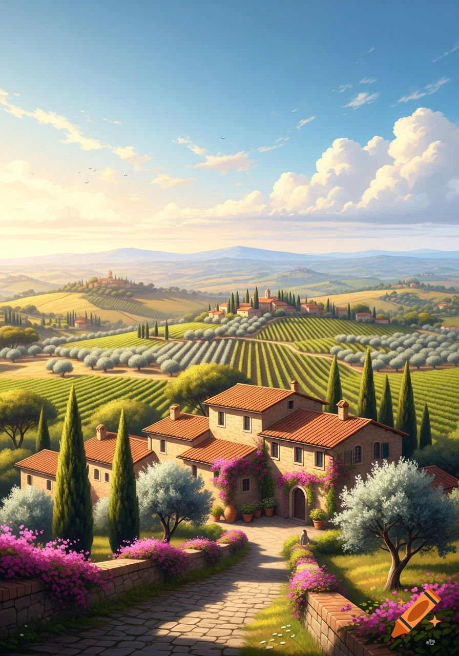 Vibrant illustration of a picturesque Tuscan landscape with vineyards, rolling hills, traditional villas, cypress trees, and flowering paths under a blue sky.