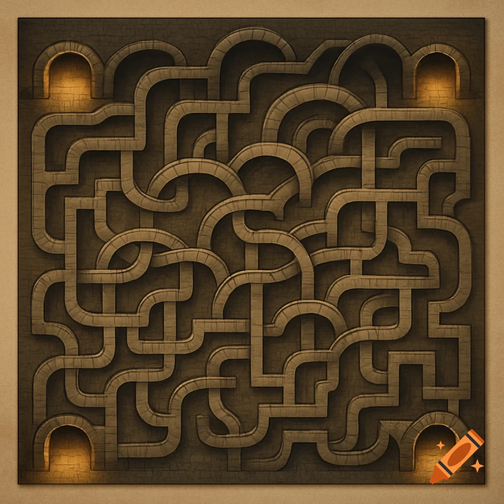 An intricate overhead view of a stone maze for a board game, with glowing archways in each corner.