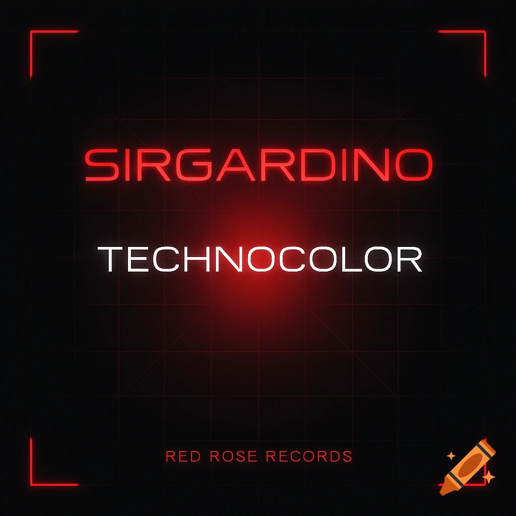 Techno album cover with neon red and white text on a dark grid, featuring SIRGARDINO, TECHNOCOLOR, and RED ROSE RECORDS.