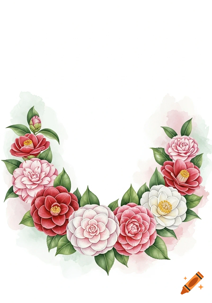A decorative semi-circle frame of red, pink, and white watercolor camellia flowers with green leaves on a white background.