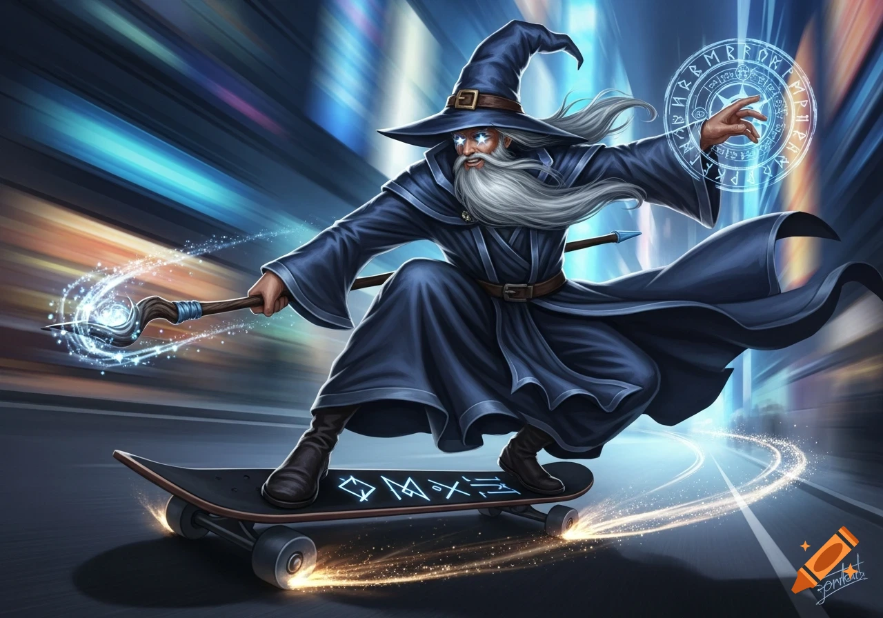 A powerful wizard with a long white beard and a pointed hat skateboards down a street, casting spells, with glowing runes on his board and staff.