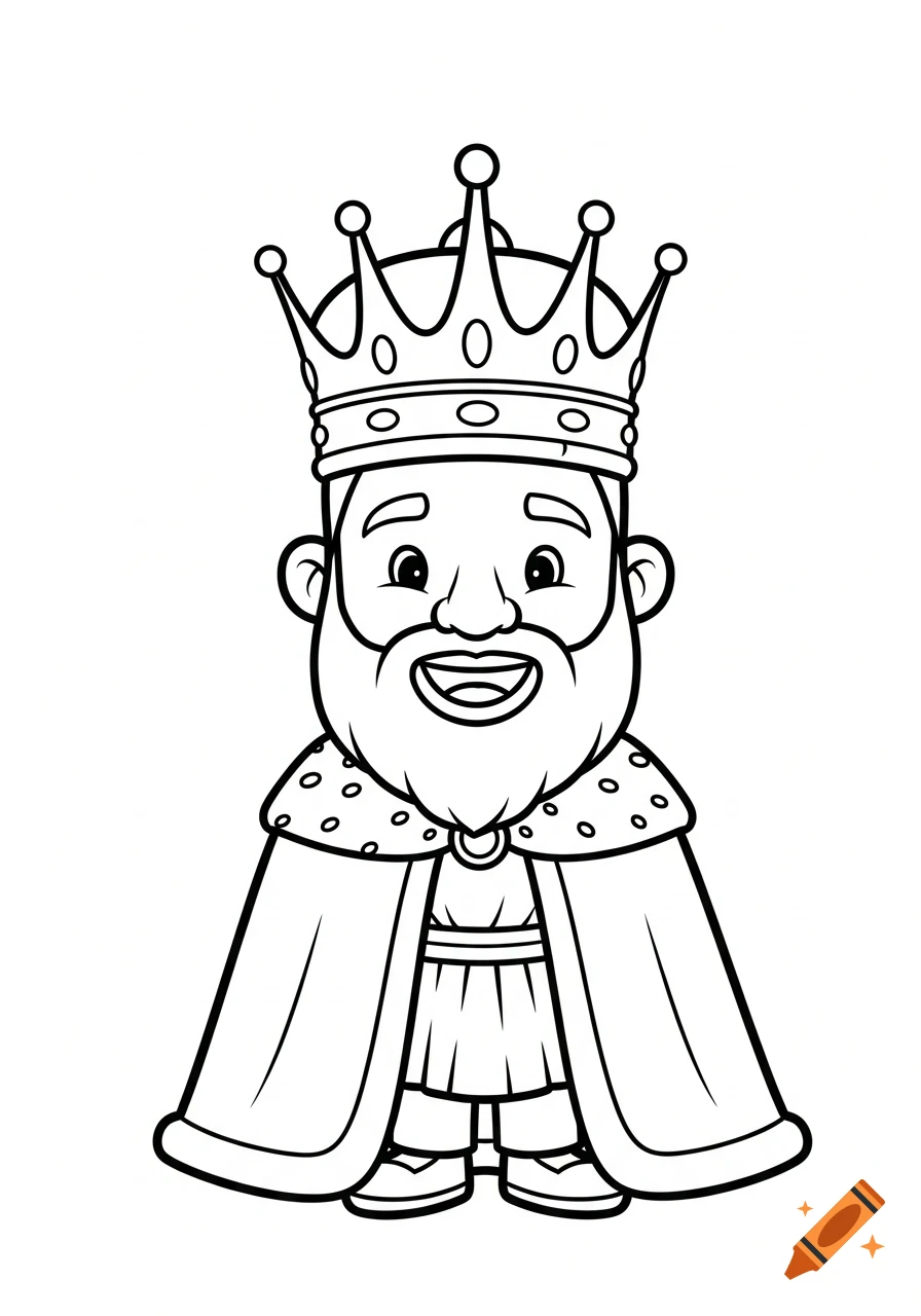 Black and white coloring page of a smiling cartoon king with a big crown and robe.