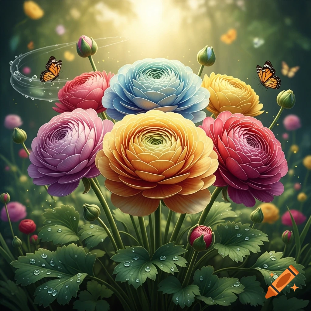 A vibrant bouquet of pink, blue, yellow, and magenta ranunculus flowers with dewdrops and butterflies in a sunny garden.