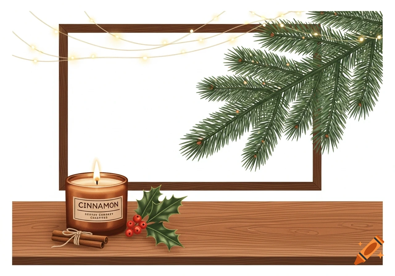 A minimalist Christmas illustration with a lit cinnamon candle, holly, cinnamon sticks, a wooden frame, string lights, and a pine branch on a wooden surface.