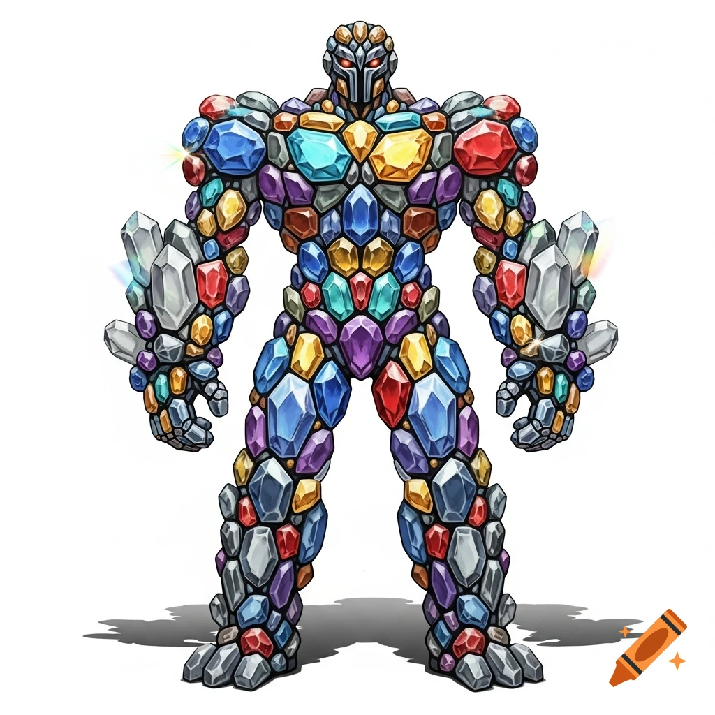 A full-body image of a vibrant golem made of numerous colorful, sparkling crystals on a white background.