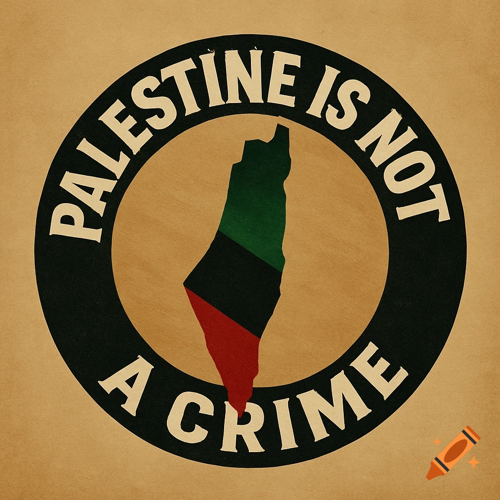 Vintage circular logo with "PALESTINE IS NOT A CRIME" text surrounding a map of Palestine in black, green, and red.