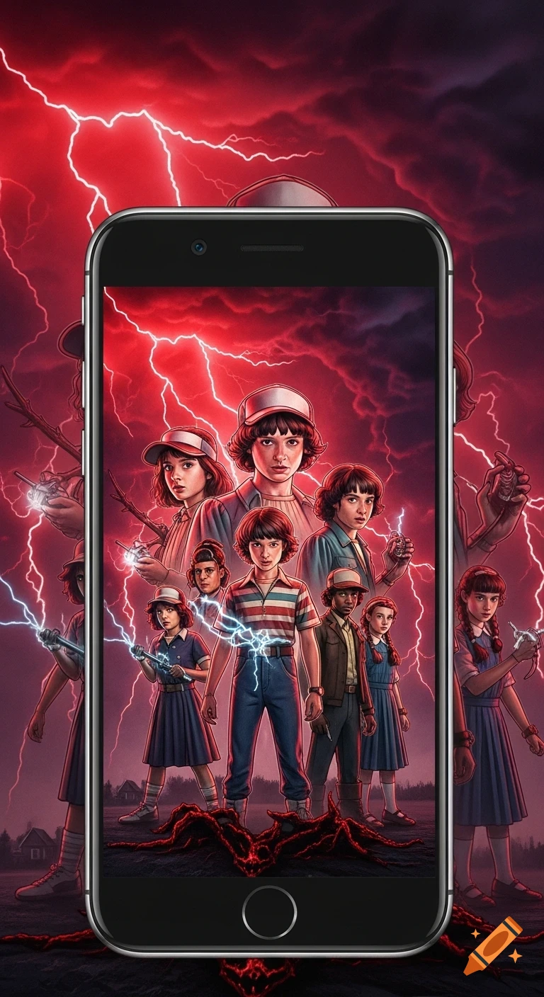 A phone displaying a stylized wallpaper of the Stranger Things cast with a dramatic red lightning background.