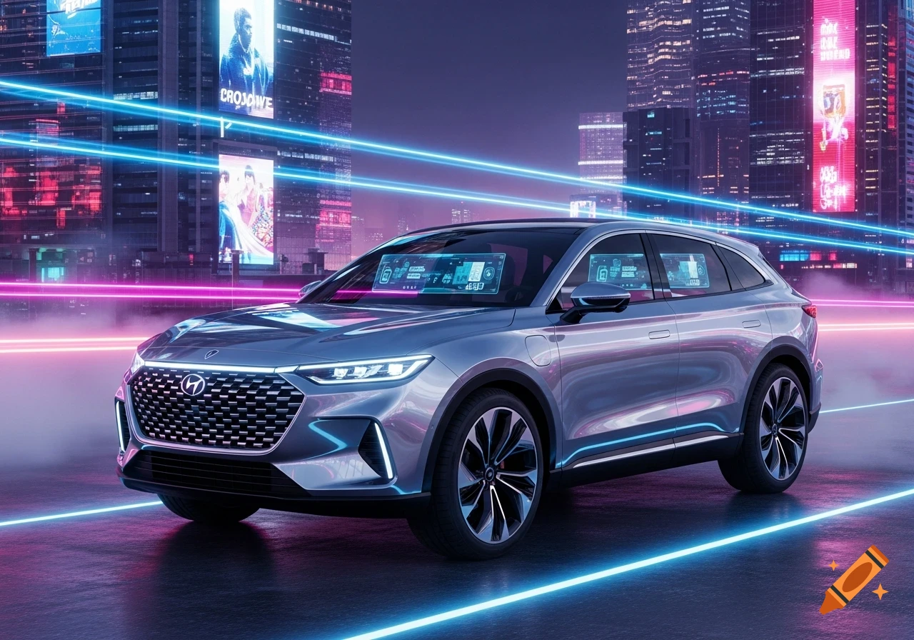 A silver futuristic SUV drives through a neon-lit cyberpunk city at night, with vibrant blue and pink light trails streaking across the scene.