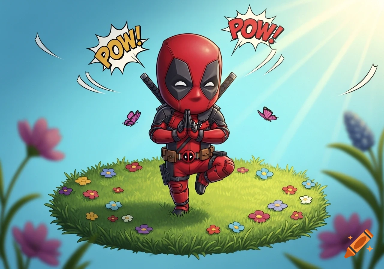 Cartoon chibi Deadpool doing a yoga tree pose on a grassy patch with flowers and butterflies, with "POW!" speech bubbles.