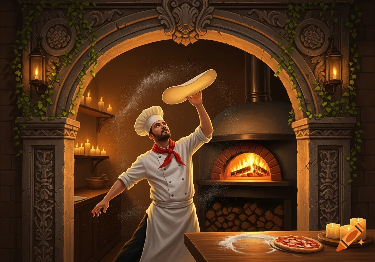 A chef in a white uniform tosses pizza dough under a stone archway, with a lit wood-fired oven in a rustic kitchen.