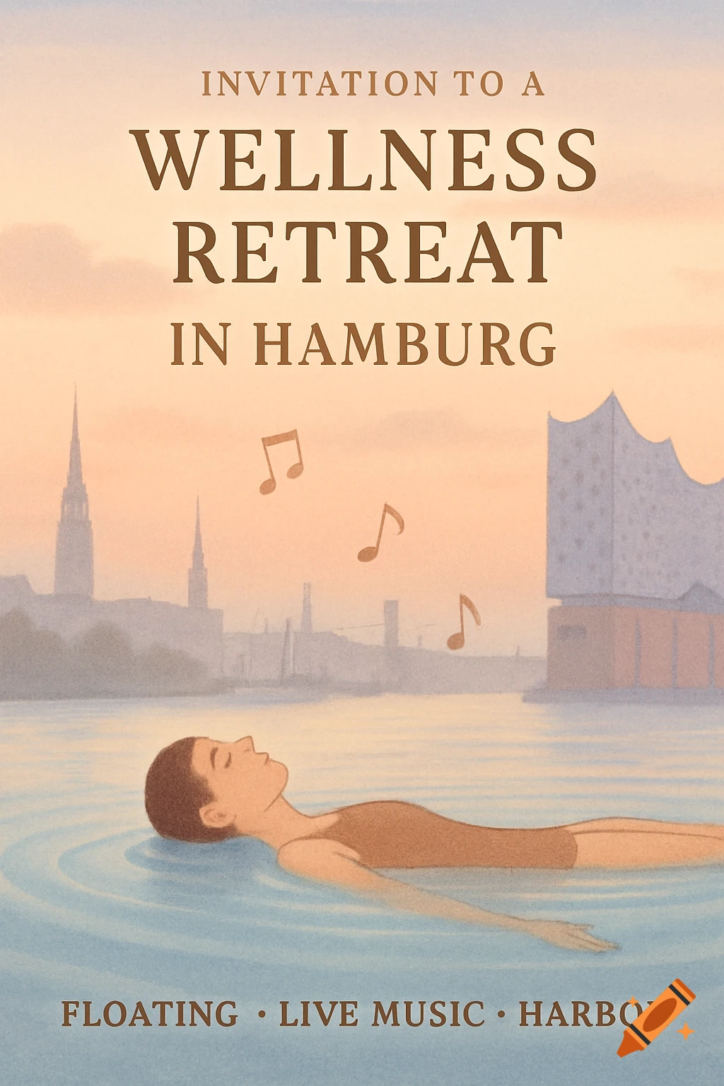 An illustrated vintage poster advertising a wellness retreat in Hamburg, featuring a person floating in water with city skylines and musical notes.