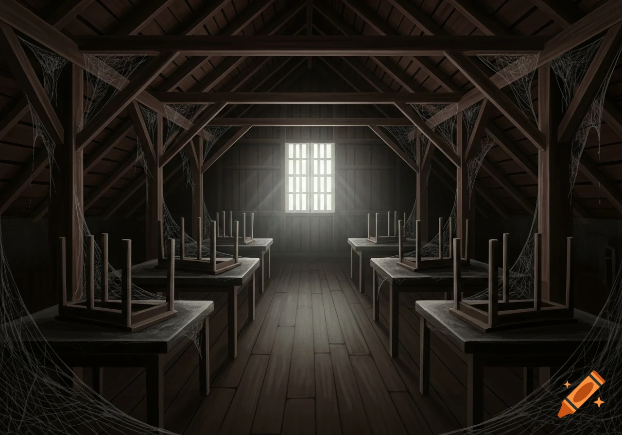 A dark, dusty attic with wooden beams, tables turned upside down, and thick cobwebs, illuminated by light from a barred window.