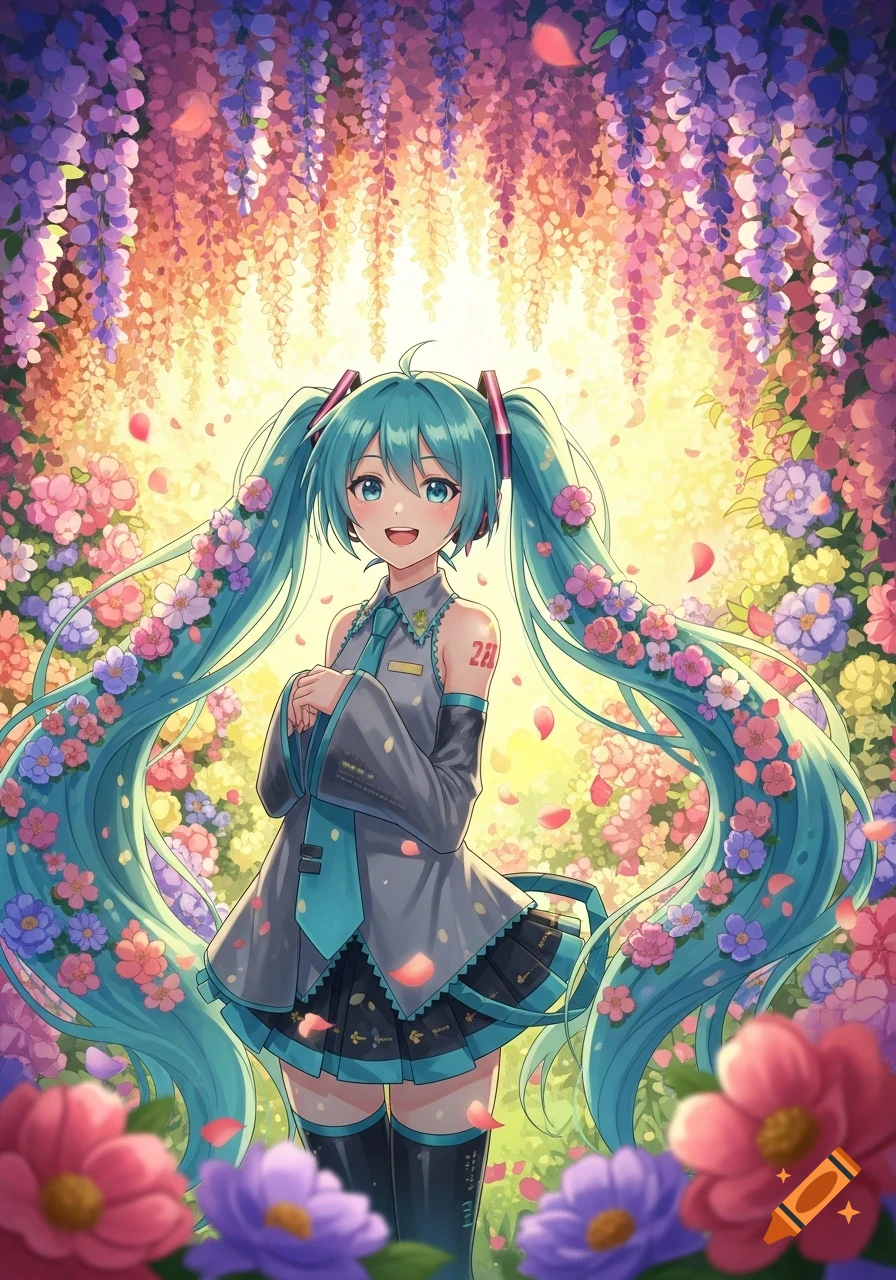 Hatsune Miku in a vibrant garden, smiling amidst falling petals and hanging wisteria, with flowers in her long pigtails.