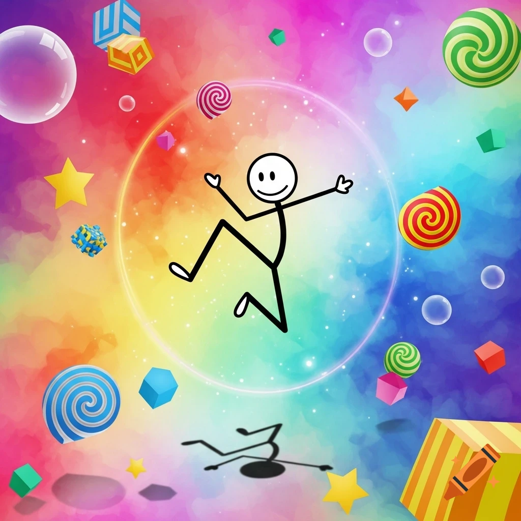 A cartoon stickman jumping in a whimsical, colorful abstract background with floating candies, bubbles, and shapes.