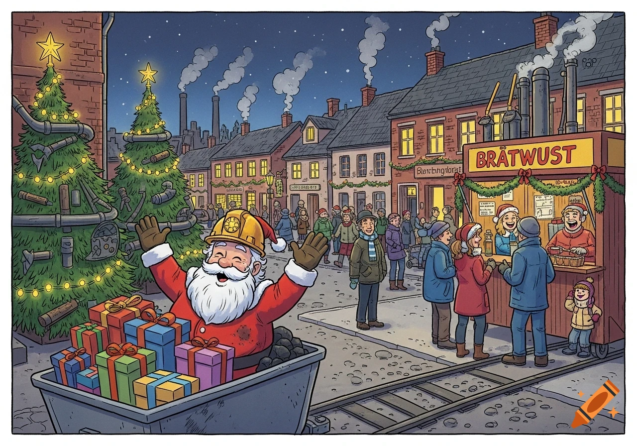 A comic illustration of Santa in a mining helmet riding a coal cart full of gifts, in a snowy industrial town at Christmas.