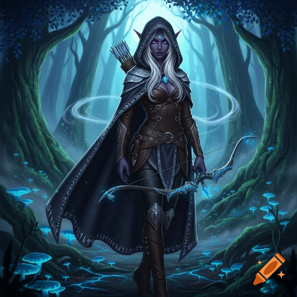 A drow ranger with long white hair, purple eyes, and a hooded cape holds a glowing bow in a mystical forest with glowing blue mushrooms.