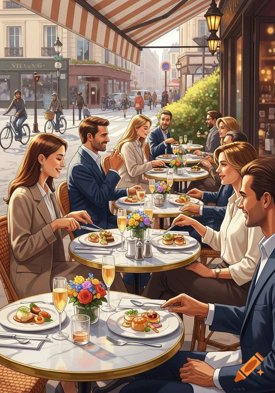 Illustrated scene of people enjoying lunch at an outdoor cafe with striped awnings on a lively European city street.