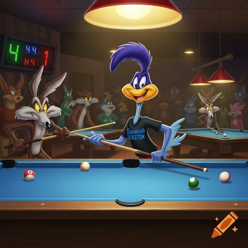Road Runner, wearing a 'Savannah Easton' shirt, plays pool against Wile E. Coyote in a busy club, watched by other cartoon characters.
