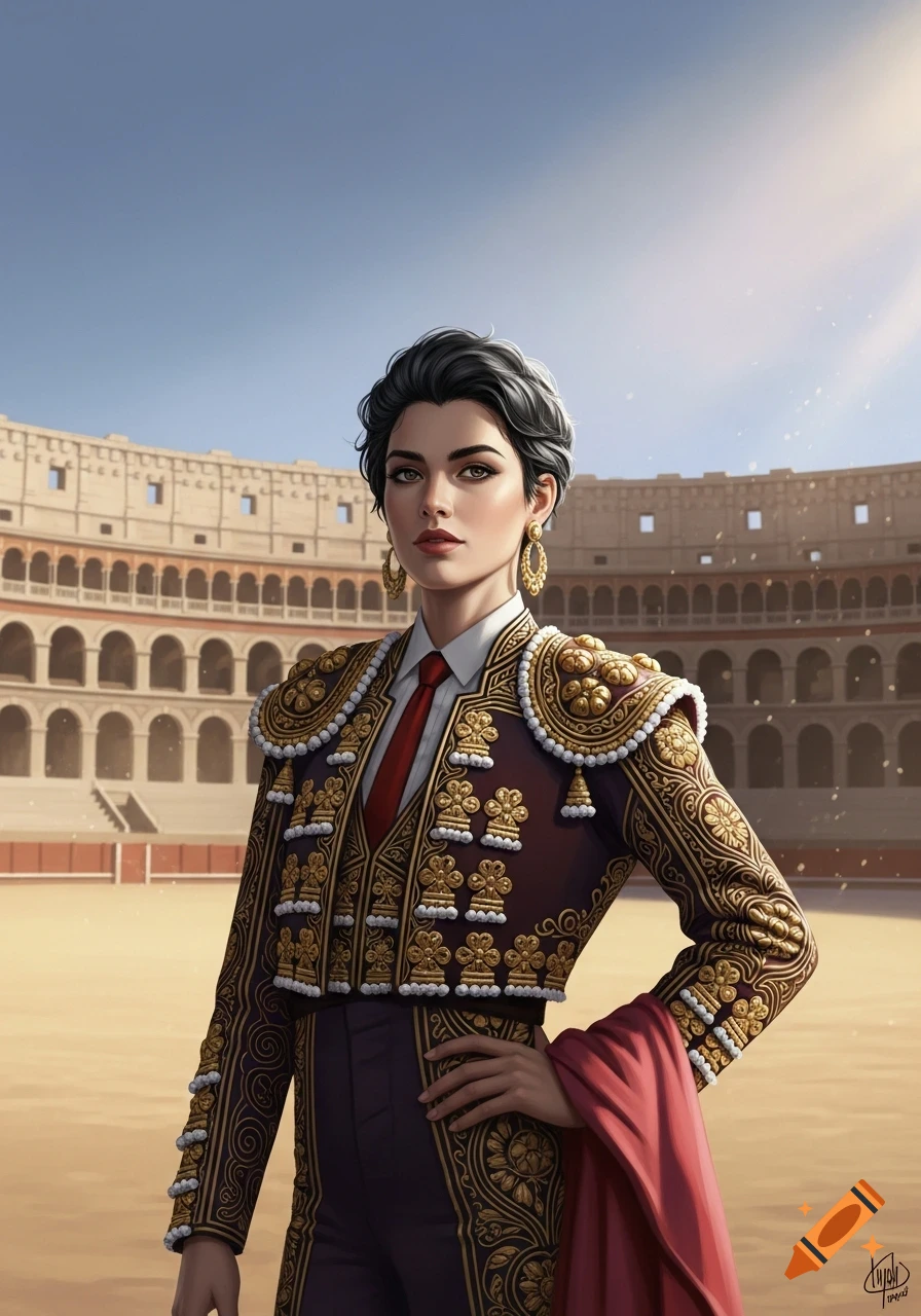 A dark-haired woman in an ornate gold and maroon matador jacket with a red tie stands in a bullring. Detailed digital art.