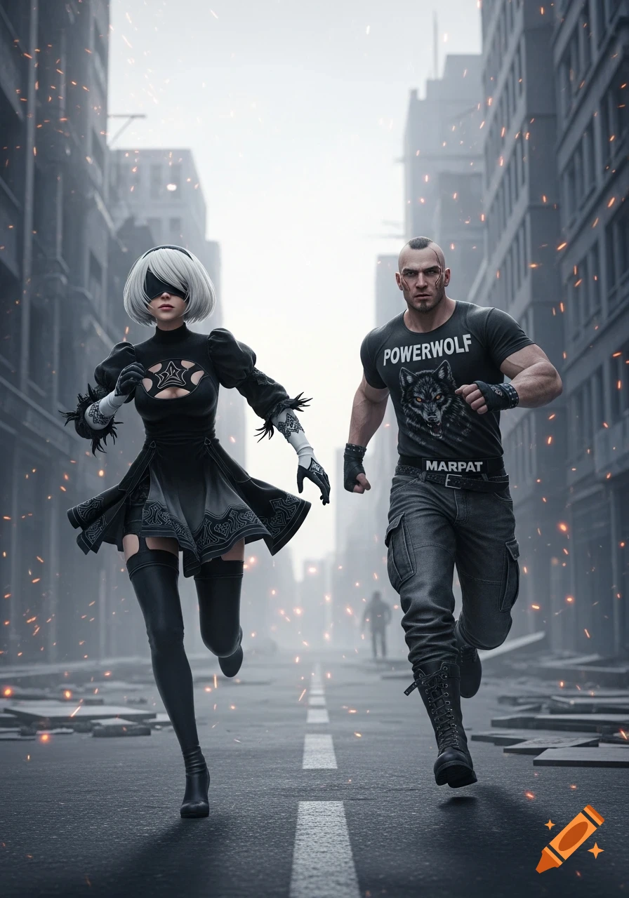 2B and a muscular man run through a debris-strewn, photorealistic city street.