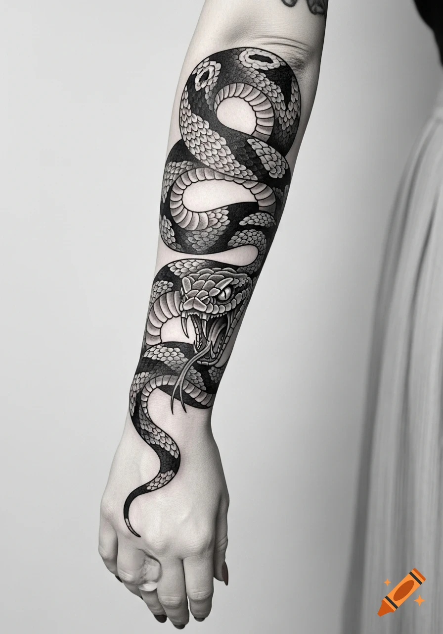 A detailed black and white snake tattoo wrapped around a person's forearm, with its head baring fangs and tongue, looking fierce.