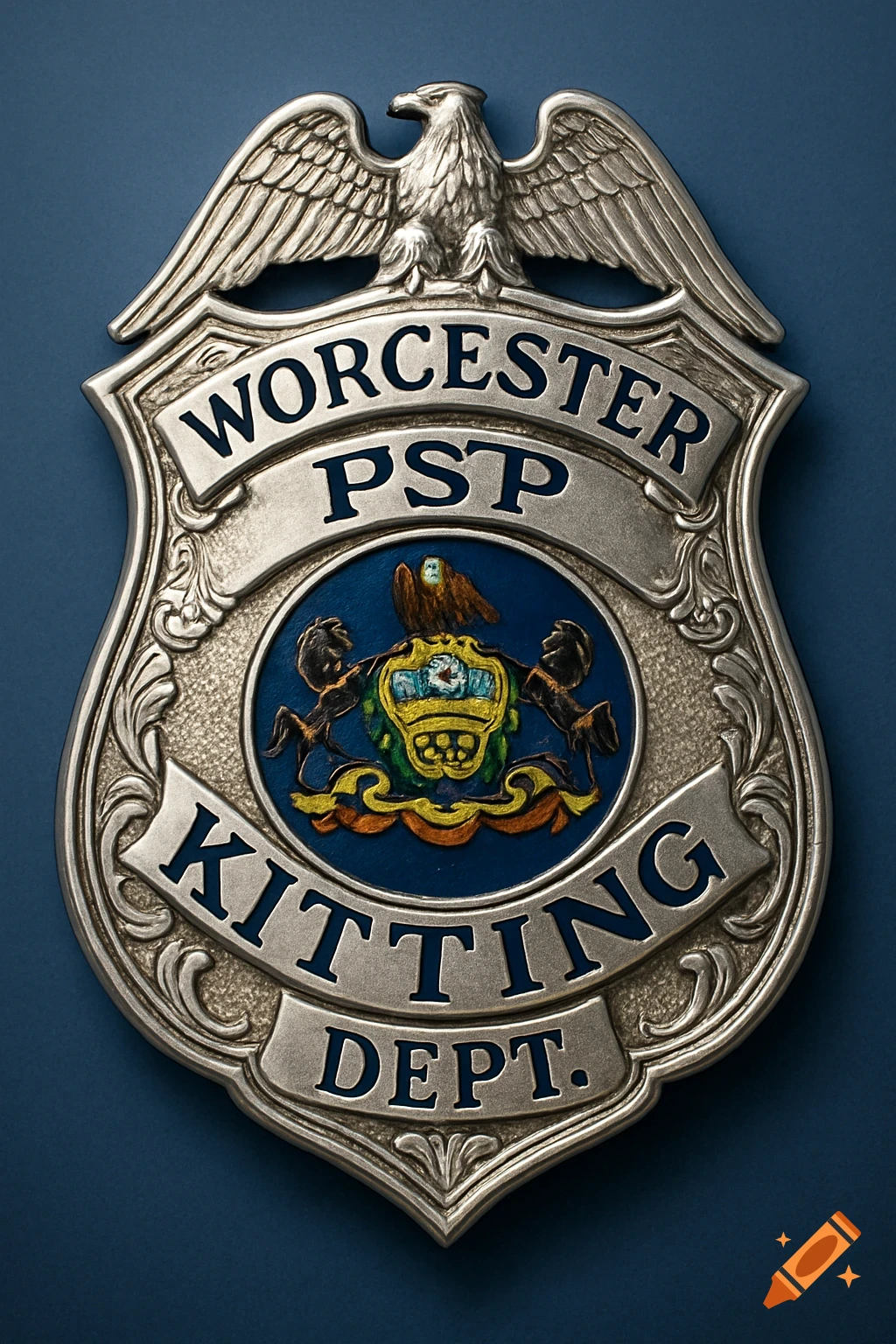 A detailed silver police badge with an eagle on top, inscribed with 'WORCESTER PSP KITTING DEPT.' against a blue background.