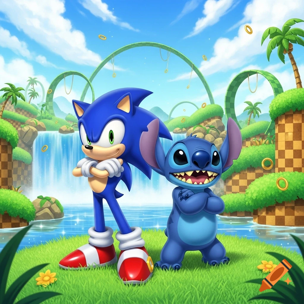 Sonic the Hedgehog and Stitch, arms crossed, stand in a vibrant Green Hill Zone with waterfalls, loops, palm trees, and golden rings.