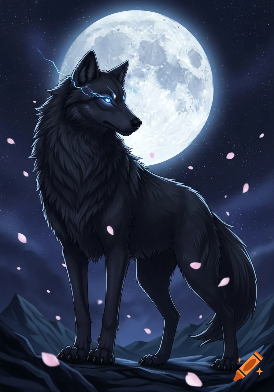 A sleek black wolf with glowing blue eyes and lightning over its head stands on a rocky hill under a large, bright full moon, with pink petals falling. Anime style.