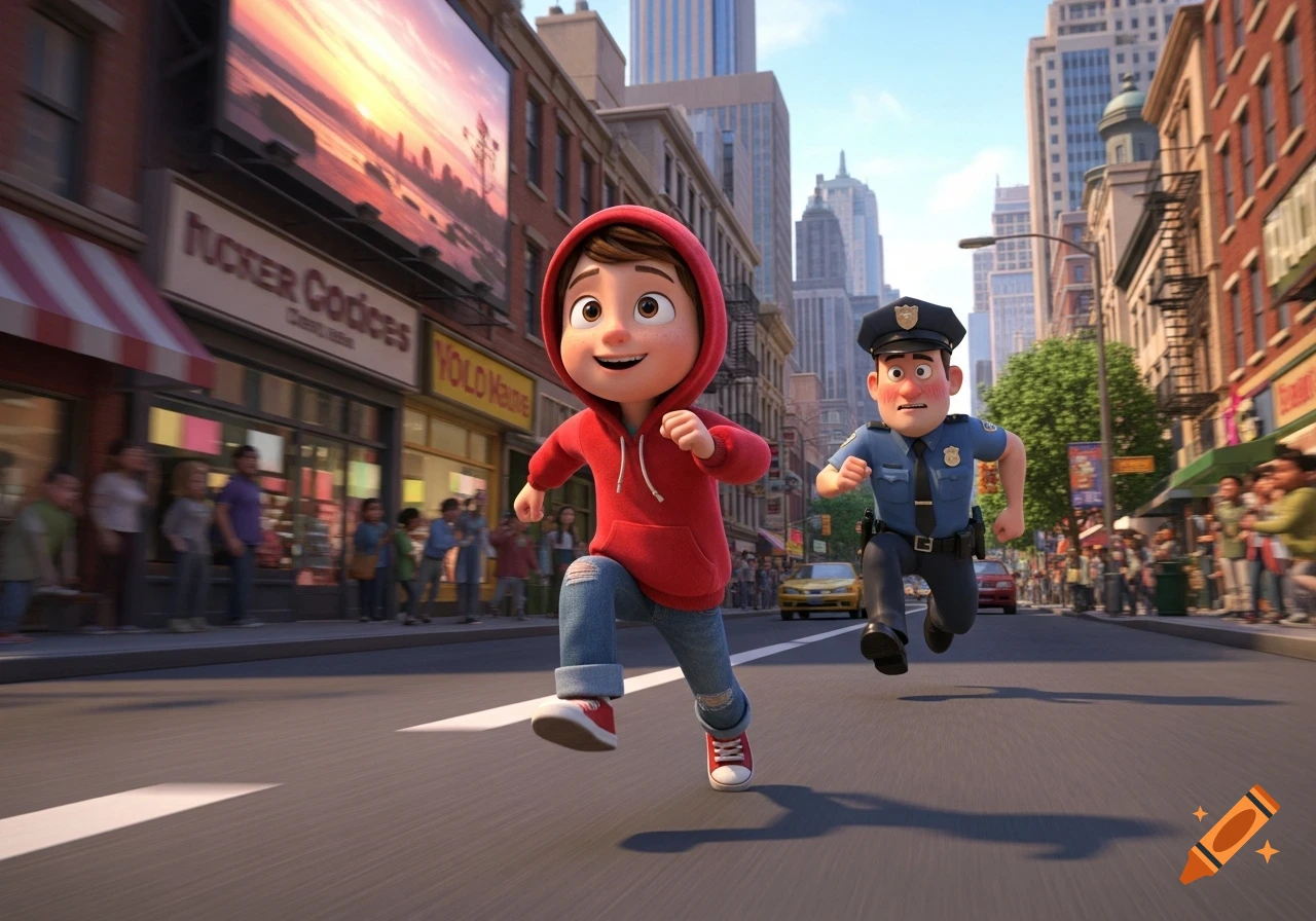 A cartoon kid in a red hoodie runs through a bustling city street, pursued by a determined police officer in 3D animation style.