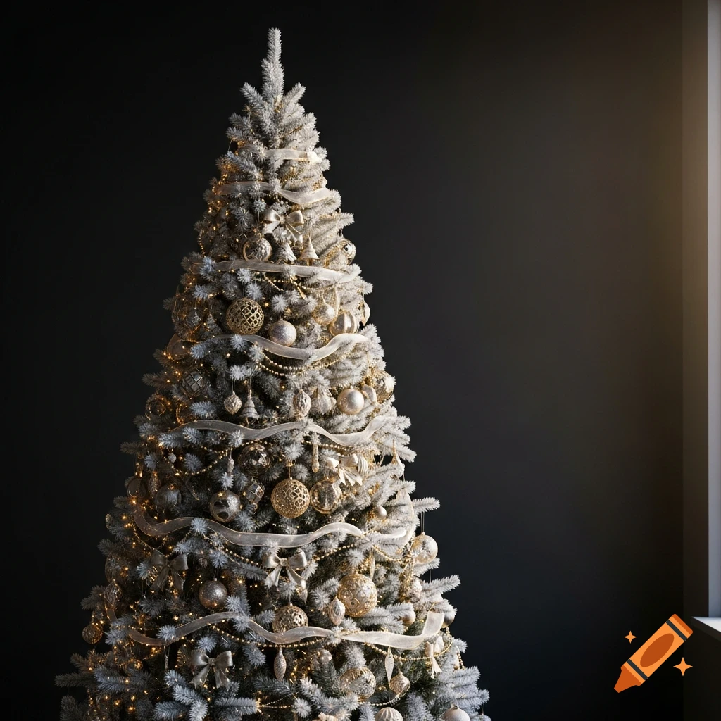 Photorealistic snow-white Christmas tree decorated with gold and silver ornaments and warm lights, against a dark background.