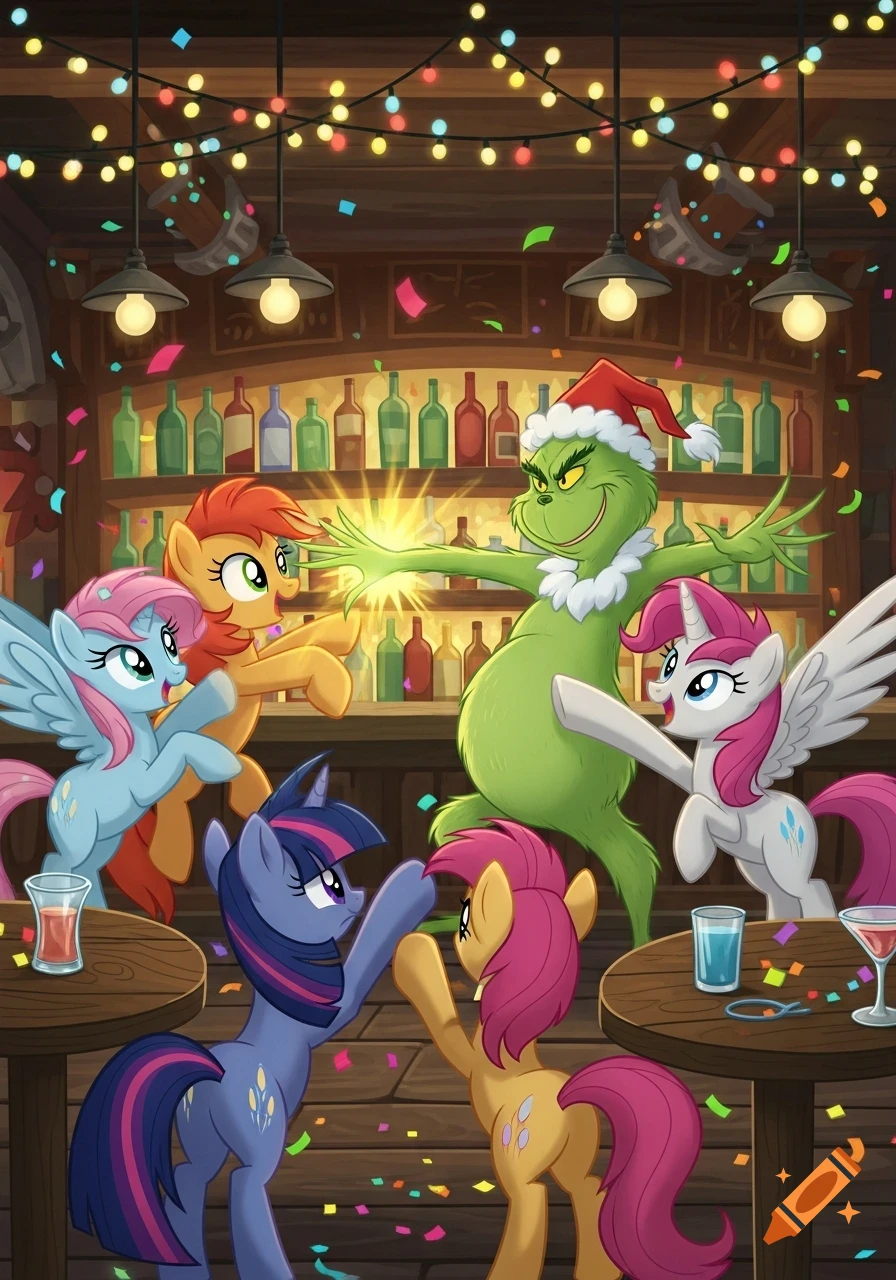 Cartoon ponies and the Grinch in a Santa hat celebrate in a festive bar with confetti and string lights.