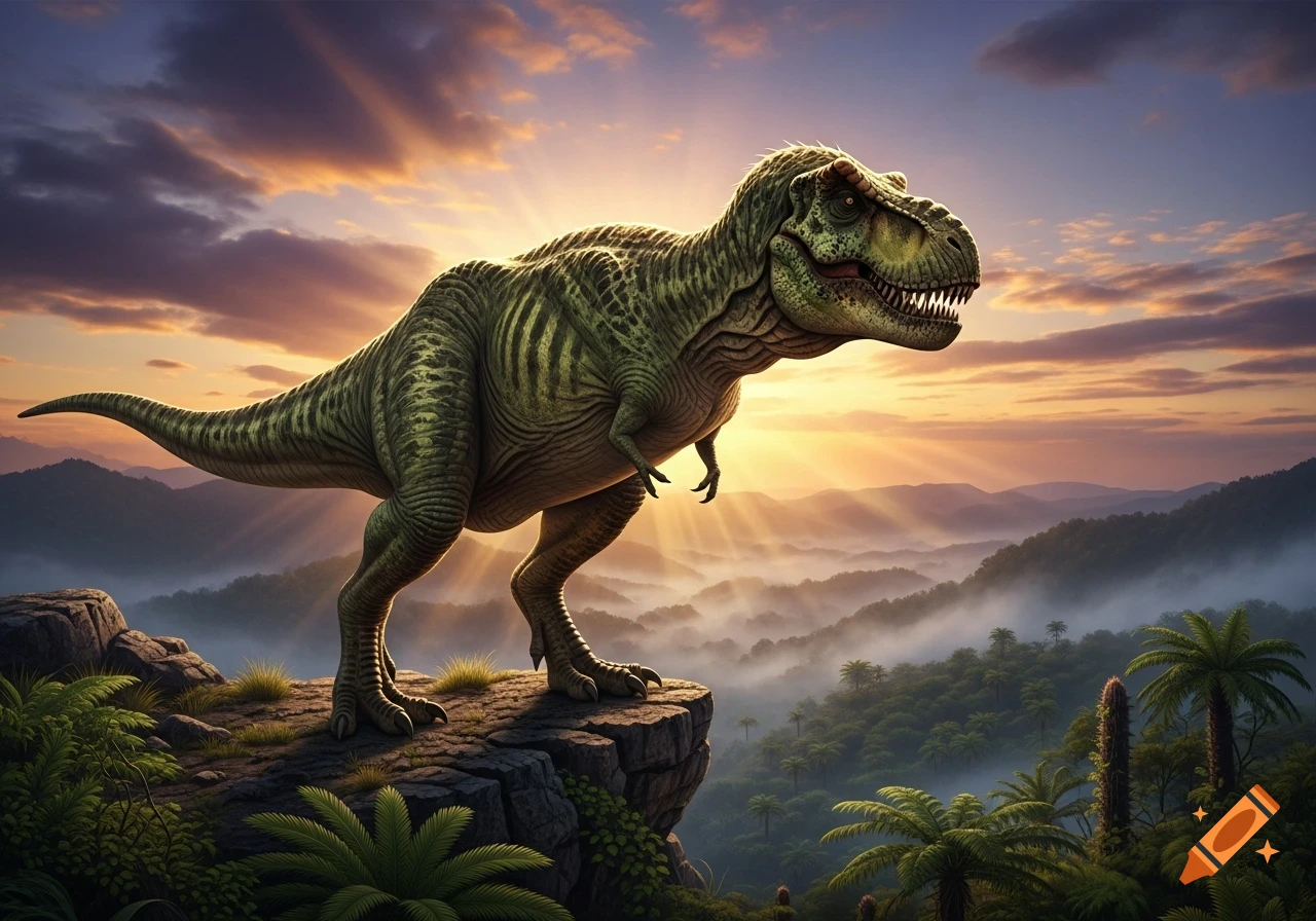 A large, green Tyrannosaurus Rex stands on a rocky cliff, silhouetted against a vibrant sunset over a misty, forested valley.