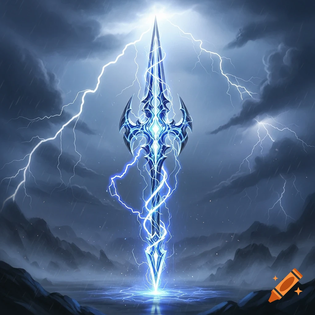 A detailed blue lightning spear stands upright in a stormy, rainy landscape with mountains and reflective water, surrounded by bright lightning.